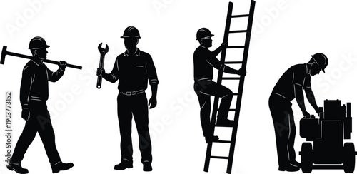 Set of construction worker silhouettes holding sledgehammer wrench climbing ladder and repairing machine vector illustration isolated on white background industrial labor men.