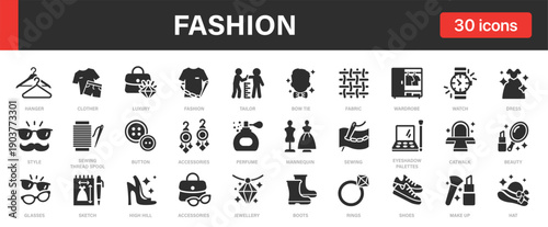 Fashion icons set. Clothing, Accessories, Beauty, Style, Sewing and others.