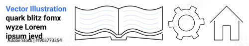 Open book with wavy lines, gear symbol, and house outline emphasize learning, innovation, and stability. Ideal for education, technology, home design, creativity progress improvement simple
