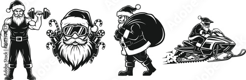 Set of cool Santa Claus vector illustrations, muscular gym fitness, riding snowmobile, carrying gift sack, head with goggles, black and white mascot, isolated.
