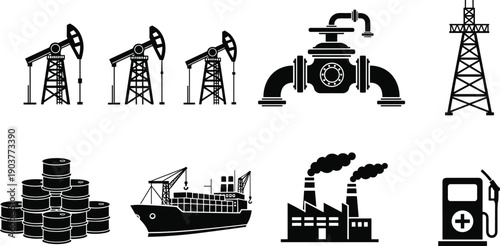 Black industrial energy icons set with oil pump jack pipeline valve electric tower barrels cargo ship factory and gas station symbols vector illustration