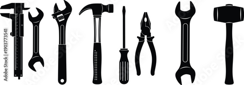 Black industrial hand tools set with caliper wrench adjustable spanner hammer screwdriver pliers and mallet for mechanical repair engineering workshop maintenance and construction