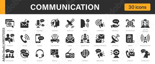 Communication icons set. Messaging, Networking, Broadcasting, Digital Media, Online Interaction and others.