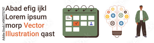 Project management, innovation, team planning, productivity tools, creative thinking, goal tracking. Green calendar with marked date, light bulb with gears standing individual. Productivity tools