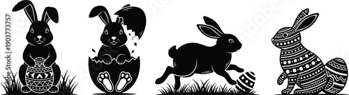 Set of Easter bunny silhouettes, cute rabbits with decorated eggs, spring holiday symbols, hatching hare, running rabbit, vector illustrations isolated on white background.