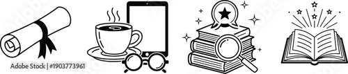 Set of education vector illustrations, graduation diploma scroll, study coffee cup with tablet, research books with magnifying glass, magic open book, line art.