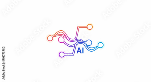 Gradient colored lines and nodes forming a network with AI text symbolizing artificial