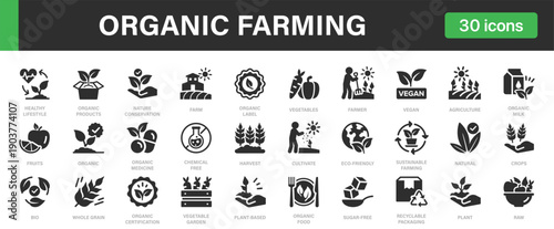 Organic farming icons set. Organic Products, Agriculture, Sustainable Farming, Eco Friendly Food and others.