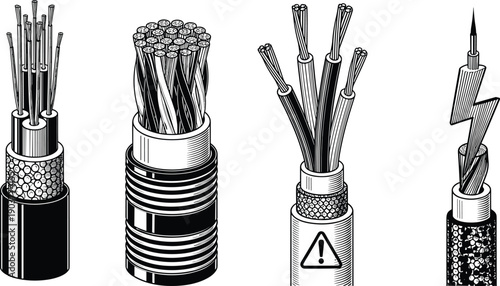 Set of electric cable vector illustrations, wire cross section, power transmission lines, high voltage lightning symbol, black and white industrial icons.