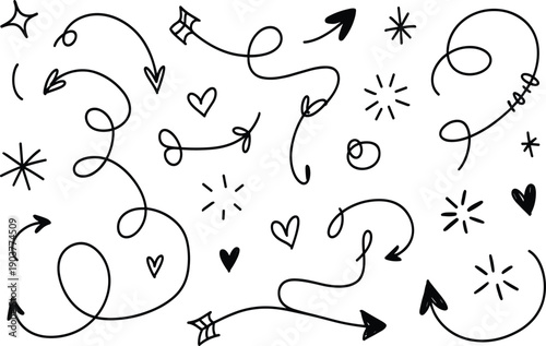 Black and white doodle with swirls arrows hearts and stars