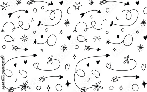 Two smiling faces with arrows and stars in a playful doodle hearts