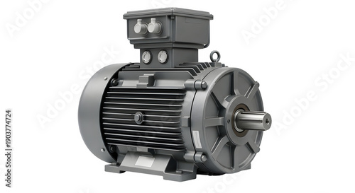 Industrial electric motor with cooling fins and terminal box, gray metal housing isolated on transparent background