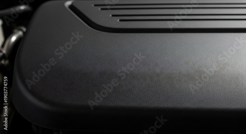 Closeup view of a black engine component showcasing its sleek design and texture.