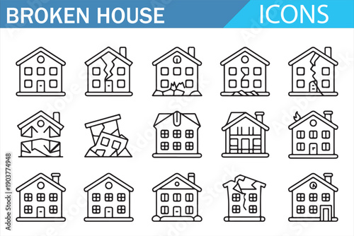 House damage line art icons for construction and safety concepts