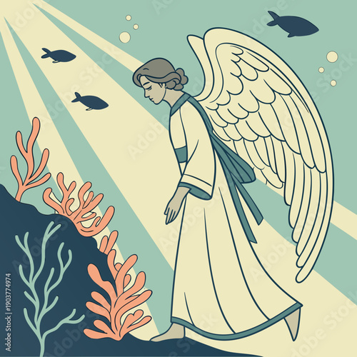 An ethereal angel with delicate translucent fins, rendered in an aquatic renaissance art style, spiritual and graceful.