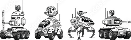 Set of futuristic military vehicles, sci-fi battle tanks, robotic space rovers, combat mech walkers, black and white vector illustrations, isolated on white.