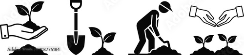 Set of gardening icons, planting tree seedling silhouette, agriculture vector collection, hand holding plant, shovel digging soil, nature growth symbol, eco friendly design.