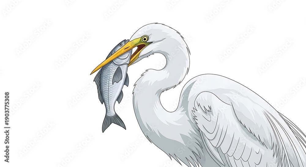 Fototapeta premium A majestic white egret gracefully holding a fish in its beak.