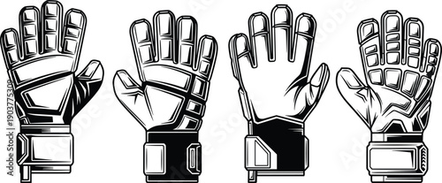 Set of goalkeeper gloves icons, soccer sports equipment, football player hand protection, black and white vector illustrations collection, isolated design elements on white.