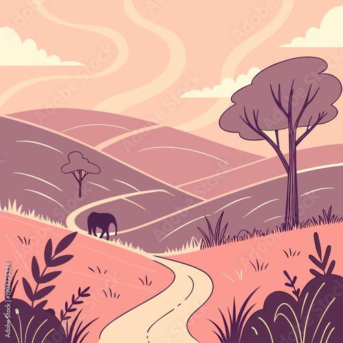 Dreamlike flat terrains with minimalist design, creating a serene and abstract landscape for a conceptual journey.