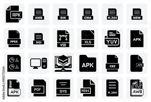 Assorted Technical And Business File Format Pictograms For Diagramming, Spreadsheets, And App Development.