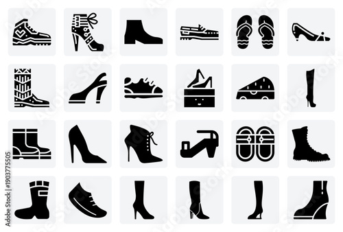 Illustrations Of Modern And Classic Footwear – Boots, Sneakers, And Heels Representing Various Fashion Trends And Uses.