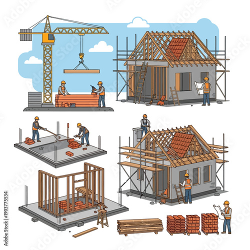 House construction process illustration: foundation to roof, builders, crane, materials