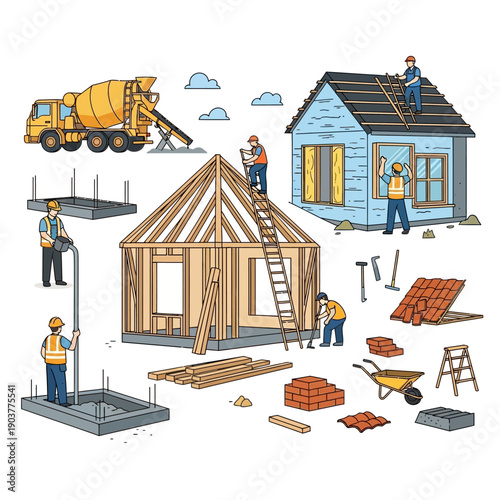 Construction site illustration: building houses from foundation to roof, workers, tools, and materials