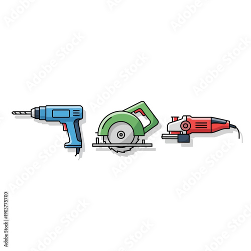 Collection of power tools: drill, circular saw, angle grinder, isolated on white background