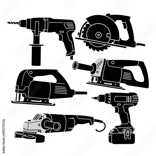 Collection of Power Tools Silhouettes: Drill, Saw, Jigsaw, Grinder