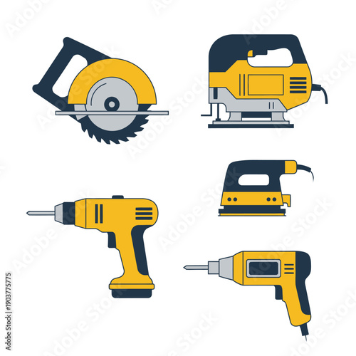 Collection of yellow and blue power tools: circular saw, jigsaw, drill, impact driver, sander