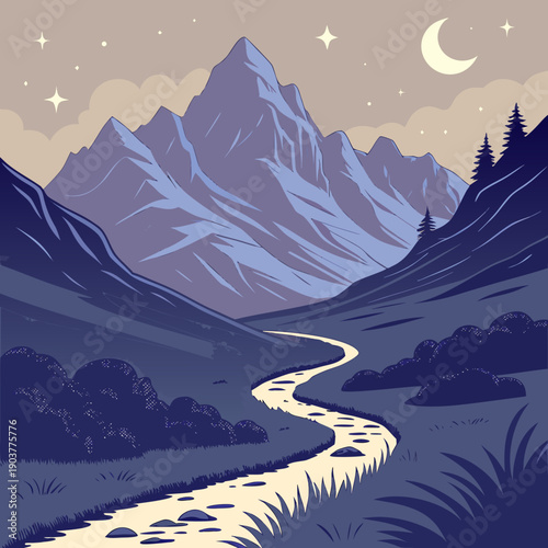 Abstract journey over glowing mountain silhouettes, a mystical, ethereal adventure through dawn light, digital vector