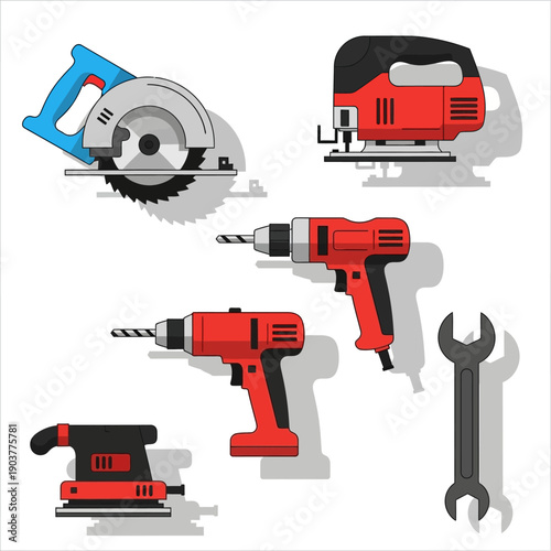 Collection of power tools and wrench on white background, flat design