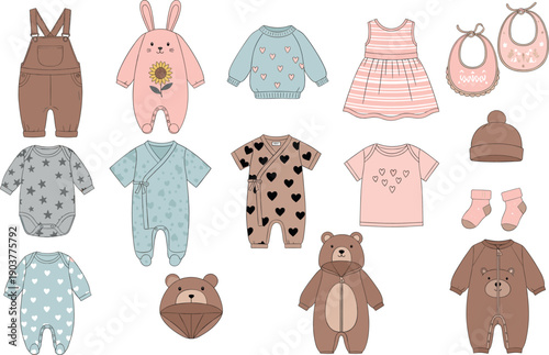 Adorable collection of baby clothing and accessories featuring cute bear and rabbit themes with jumpsuits, dresses, bibs, and socks.