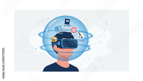 Man wearing VR headset experiencing virtual reality metaverse