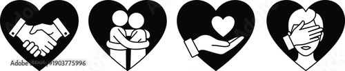Set of heart shaped icons, handshake agreement, couple hugging silhouette, hand holding love symbol, person covering eyes face, black and white vector set.