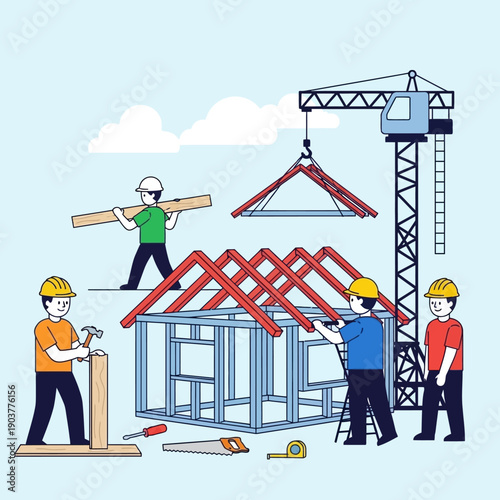 Construction workers building house frame with crane, teamwork and industry concept