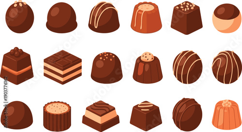 Assorted Chocolate Candy Vector Illustration Set with Praline Truffles, Filled Confectionery Sweets, and Gourmet Dessert Treats for Packaging and Branding Designs