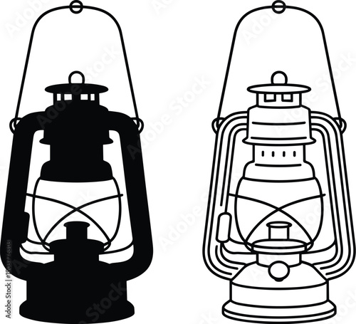 Old oil lamp black and white vector on white background.