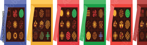 Chocolate Bar Packaging Vector Illustration Set with Assorted Candy Fillings for Confectionery Branding, Sweet Product Labels, and Retail Design Projects