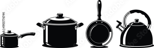 Set of kitchen cookware vector illustrations, small saucepan with lid, large cooking pot, frying pan skillet, whistling tea kettle icons, black silhouette collection isolated.