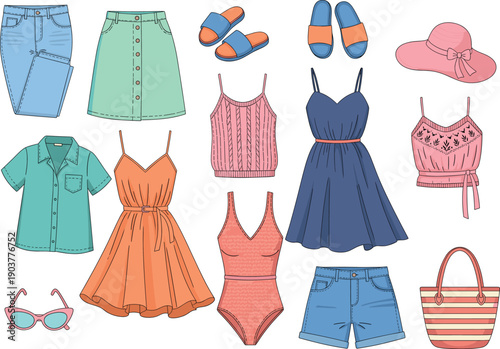 Modern summer fashion collection featuring vibrant orange dresses blue swimwear denim shorts straw hats and stylish sunglasses for vacation wear.