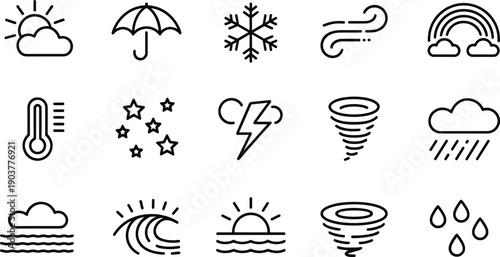 Set of weather vector icons line style isolated on transparent background with sun, rain, wind, snow