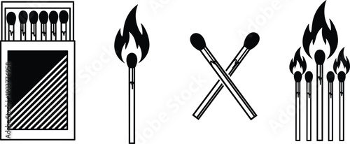 Set of matchstick vector illustrations, open matchbox with wooden sticks, burning fire flame, crossed matches icon, black and white collection, isolated symbol.
