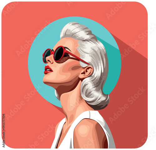 Retro pop art illustration of a stylish woman with platinum blonde hair wearing red sunglasses on a bright background.