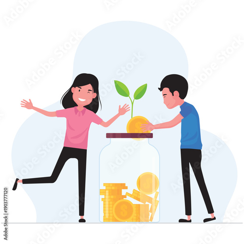 Young couple enjoying breakfast in cafe cartoon illustration