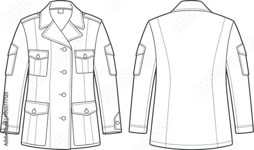 Mens utility safari jacket technical sketch with four front flap pockets shoulder epaulettes and sleeve pockets front and back view vector template for apparel