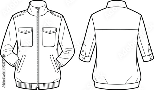 Mens casual zip up bomber jacket technical sketch with stand collar chest pockets and ribbed cuffs front and back view vector template for apparel