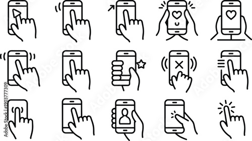 Set of flat icons for user interface and user experience design showing hand gestures touching smartphones