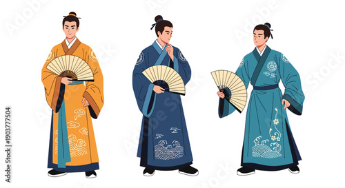Vector set collections of Chinese men wearing traditional changshan robe with embroidery, highlighting cultural elegance, national fashion, and Asian heritage